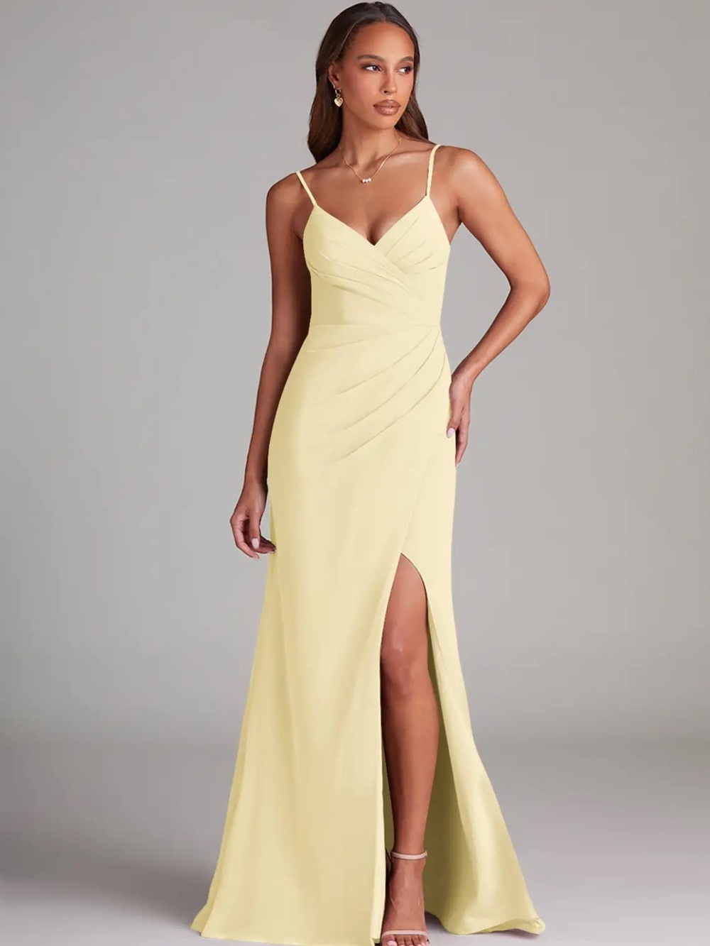 Azazie Light Yellow Spaghetti Strap Ruched Wrap Maxi Dress